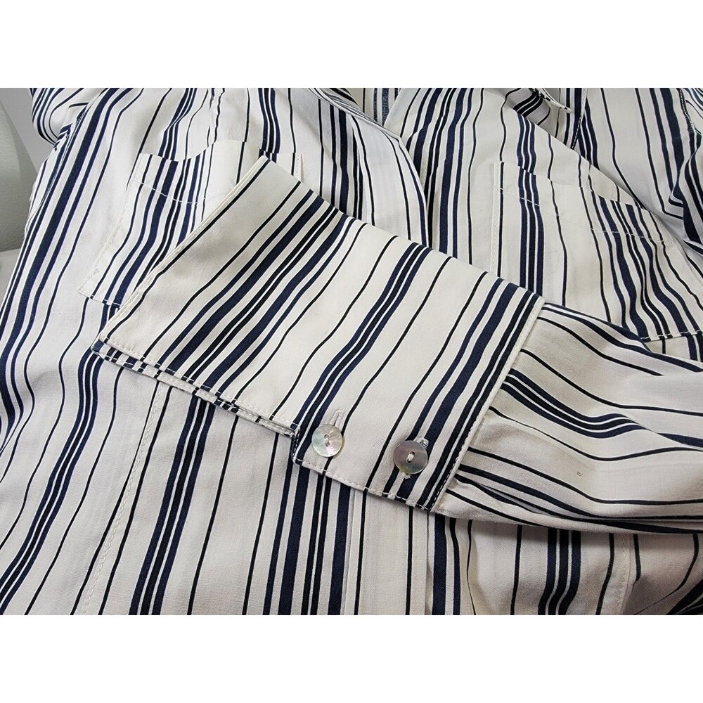 M‎ Siamo 12 Navy White Striped Ruffle Button Down Blouse Shirt Top Stretch EUC - Picture 2 of 12